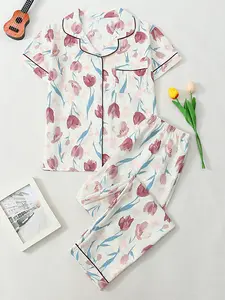 New Bubble Cotton Set, Comfortable Soft Short Sleeve Top, Long Sleeve Pants High Sleepwear, Casual Plaid Pattern, All Seasons