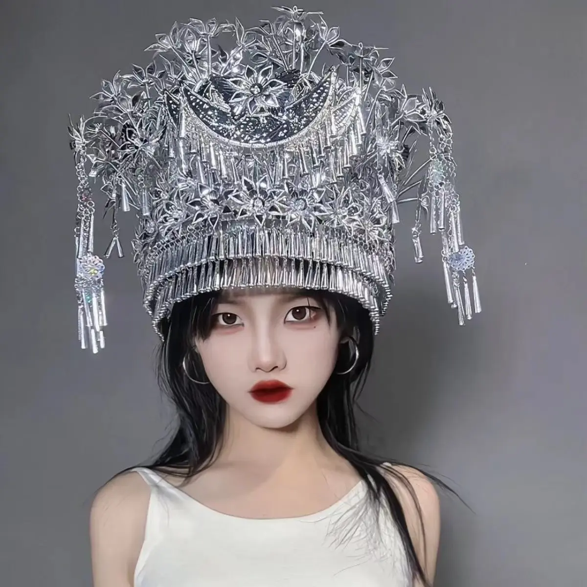 Women's Ethnic Silver Crown Top | Miao Minority Inspired Traditional Headdress Dress | Unique Festival & Performance Wear
