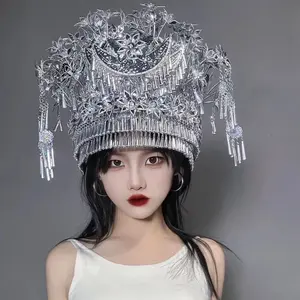 Women's Ethnic Silver Crown Top | Miao Minority Inspired Traditional Headdress Dress | Unique Festival & Performance Wear