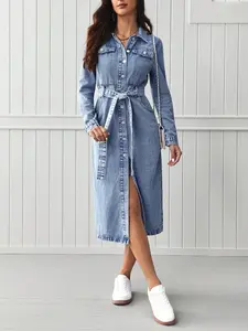 EMERY ROSE Flap Pocket Belted Denim Dress