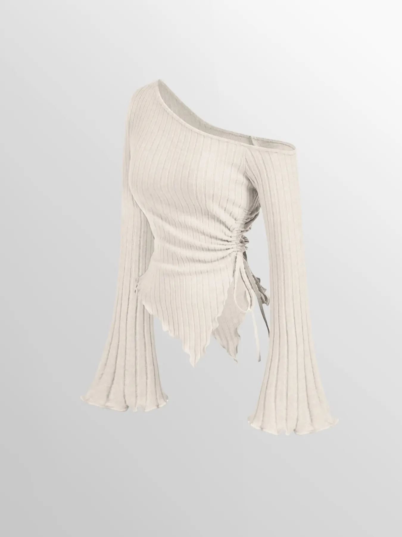 Stylish Solid Color Ribbed Off-Shoulder Top with Flare Sleeves, Fitted Waist Drawstring Design for Versatile Ladies Fashion Blouse