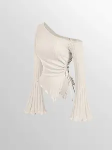Stylish Solid Color Ribbed Off-Shoulder Top with Flare Sleeves, Fitted Waist Drawstring Design for Versatile Ladies Fashion Blouse