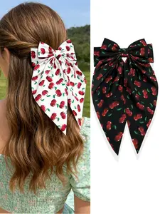 Women's Sweet Elegant Fabric Print Cherry Bow Hair Clip, Long Tail Spring Clips for Ponytail Hairstyle, Bohemian Style Accessories