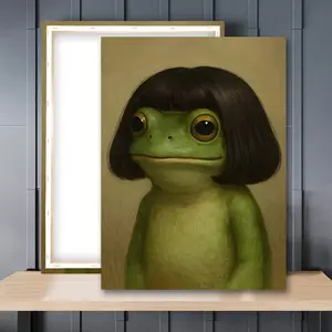 1pc Wooden Framed, Quirky Frog Portrait Poster, Vibrant Cartoon Design, Whimsical Animal Wall Art Canvas Painting, Green Frog with Bob Haircut Art Poster Print Wall Pictures, For Bathroom, Bedroom, Living Room, Home Decoration