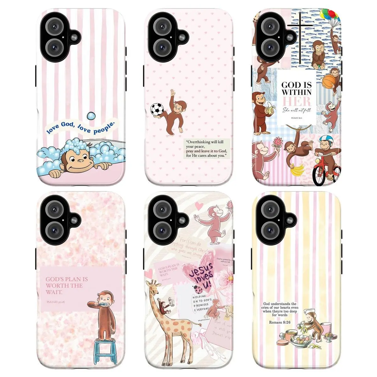 Cute Cartoon Monkey Curious Georgeee Christian Scripture Phone Case for iPhone 17 ProMax Plus Air 16 15 14 13 12 11  & SamsungS25 S24 S23 S22 Ultra, Pastel Inspirational Bible Verse Phone Cover , Aesthe Smartphone Protective phone cases