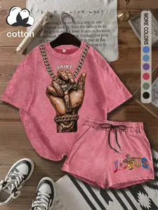 Religious scripture summer women's suit with cross pattern print, Fitted comfortable cotton vintage Y2k clothing women's clothing suitable for outdoor leisure, punk style Casual round neck washed cotton T-shirt shorts two-piece set, women's clothing