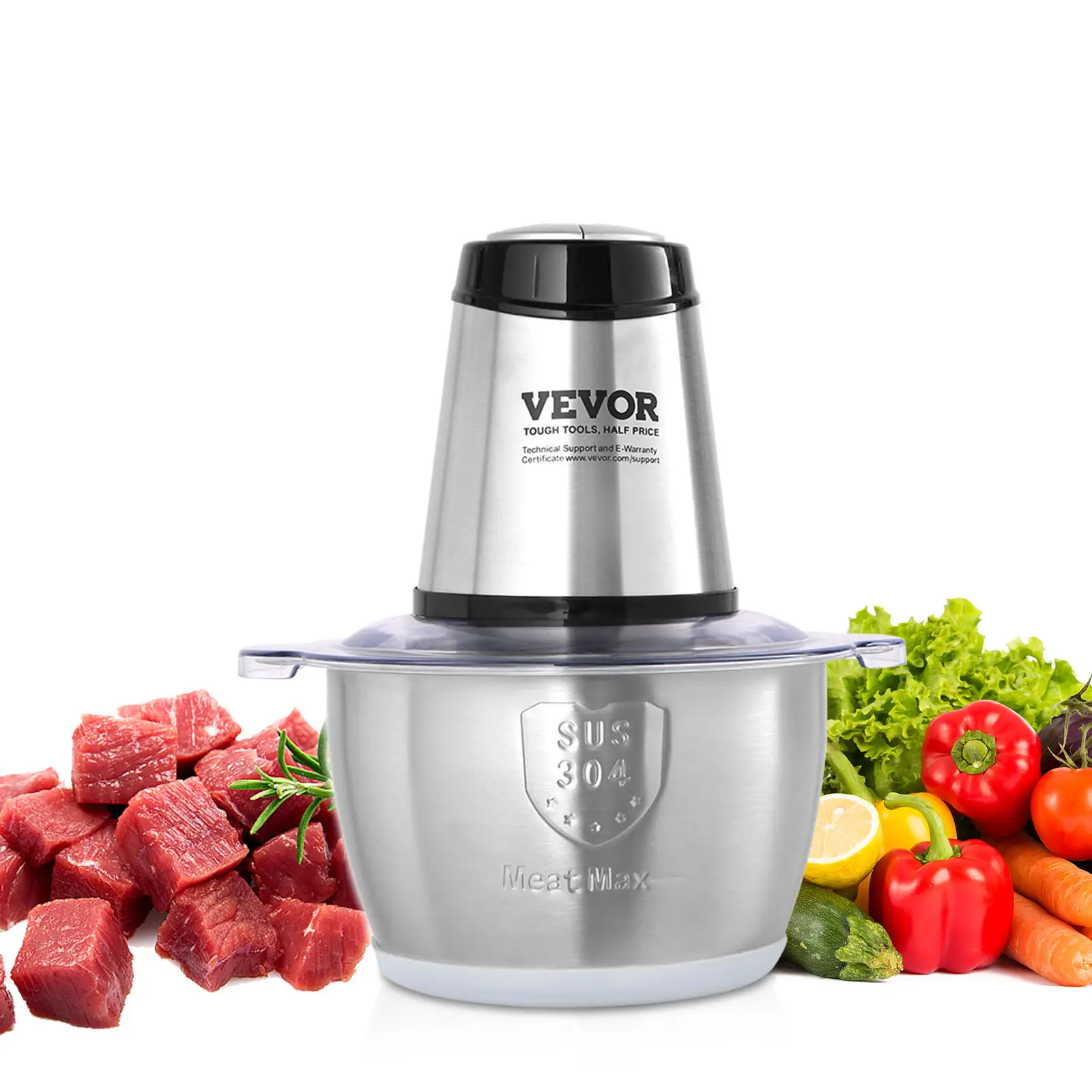 VEVOR Food Processor, Electric Meat Grinder with 4-Wing Stainless Steel Blades, 400W Electric Food Chopper, 8 Cup Stainless Steel Bowl, 2 Speeds Food
