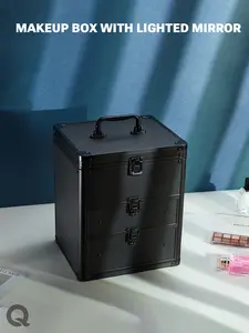 Qislee Makeup Box with 2 Drawers & A Detachable Lighted Mirror, Waterproof Travel Train Case with Magnetic Mirror, Cosmetic Organizer with Adjustable Dividers