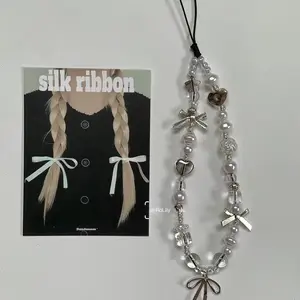 3D Silvery Gray Bow Artificial Pearl Beaded Mobile Phone Chain Fashion iPhone Pendant Universal Accessories Lanyard Sling Jewelry