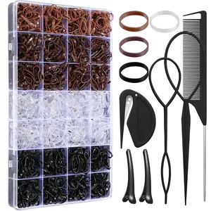 1500 count Hair Bands in 4  Colors - Rubber Hair Ties with Organizer Box and 6 Styling Tools for Women, Girls,