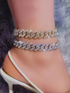 Women's Rhinestone Cuban Chain Anklet, Unique Hip-Hop High Heel Accessory, Fashionable Ladies Foot Jewelry, Stylish Ankle Bracelet, Elegant Accessory, Wearable Jewelry, Fashionable Accessories, Trendy Jewelry