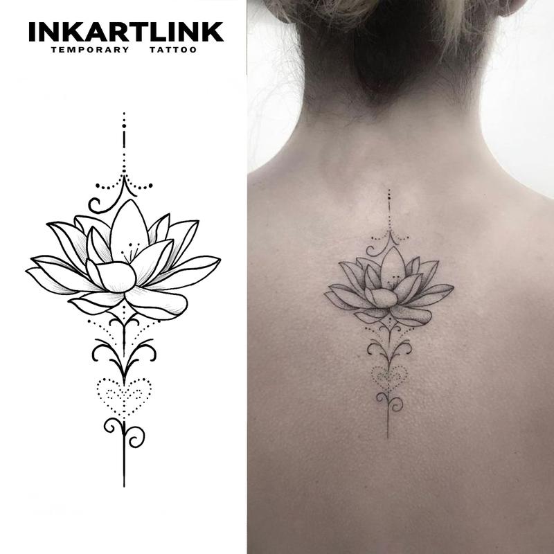 INKARTLINK Tattoo Tech, 2 Sheets Semi-Permanent Temporary Tattoos ,Lotus Flower 9,Adult Art Design,Lasts 1-2 Weeks, Waterproof, Realistic Look, No Adhesive, No Reflection,For Man And Woman,Ideal for Swimming, Party Henna Stencils