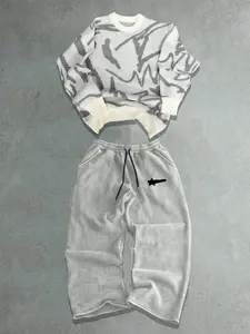 Men's Fashion Casual Loose Two-Piece Set, Soft Comfortable Round Neck Sweater and Meteor Print Drawstring Wide Leg Pants