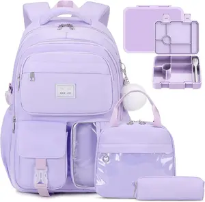Girls Backpack - Bento Box with Insulated Lunch Bag Pencil Case & Utensils Set for , 6 Leakproof Compartments Removable Tray Lunches or Snack Container for School (Purple)