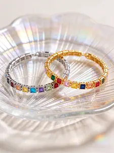 Hip Hop Dopamine Rainbow Sugar Cube Zircon Tennis Chain, Silver Color Full Paved Square Cz Fashion Bracelet, Streetwear Accessory
