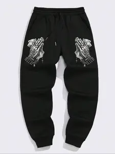 Men's Casual Sporty Long Pants, Praying Hands Print Drawstring Joggers, Loose Fit All-Season Wearable Men's Clothing