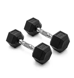 10lb Coated Rubber Hex Dumbbell Pair for Strength Training - Protective Rubber Coating, Anti-Roll Hexagonal Shape, Ergonomic Handle, Cast-Iron Core