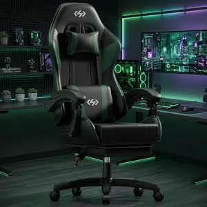 Ergonomic PU Leather Gaming Chair, 360° Swivel Computer Office Chair with Lumbar Support Headrest and Retractable Footrest, Adjustable Height 90-135° Reclining Video Gamer Chair for Adult Home Game Room Decor