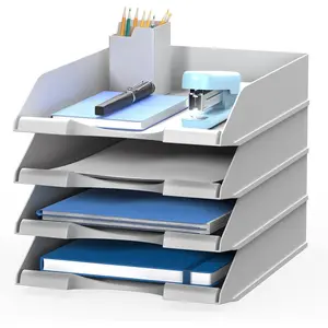 4 Pack Stackable Paper Trays for Letter Documents, Desktop File Organizers for Office Supplies, Stackable Desk Tray Holder for Paper Storage, Gray