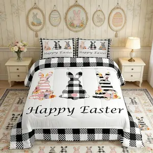 Happy Easter Comforter Set,Floral Rabbit Silhouette Down Comforter,Black White Plaid Bedding Set for Kids Girl Bedroom Decor Lightweight Duvet Insert