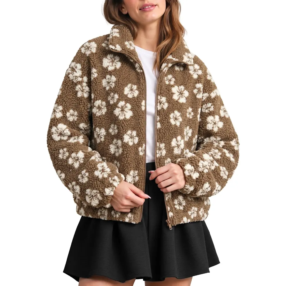 Dokotoo Women's Casual Fashionable Zip Front Floral Sherpa Fleece Jacket Winter Coat