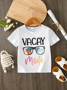 Toddler Girl's Cartoon Sun & Letter Print Round Neck Tee, Fashion Casual Crew Neck T-Shirt for Daily Holiday Vacation Outdoor Wear, Toddler Girls Tops for Summer