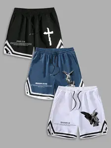 Men's 3-Pack Faith Cross & Angel Print Drawstring Relaxed Fit Shorts, Casual Streetwear Athletic Shorts, Breathable Summer Pants #FaithPrintShorts #AngelShorts #StreetwearAthleticWear #DrawstringShorts #TikTokMadeMeBuyIt