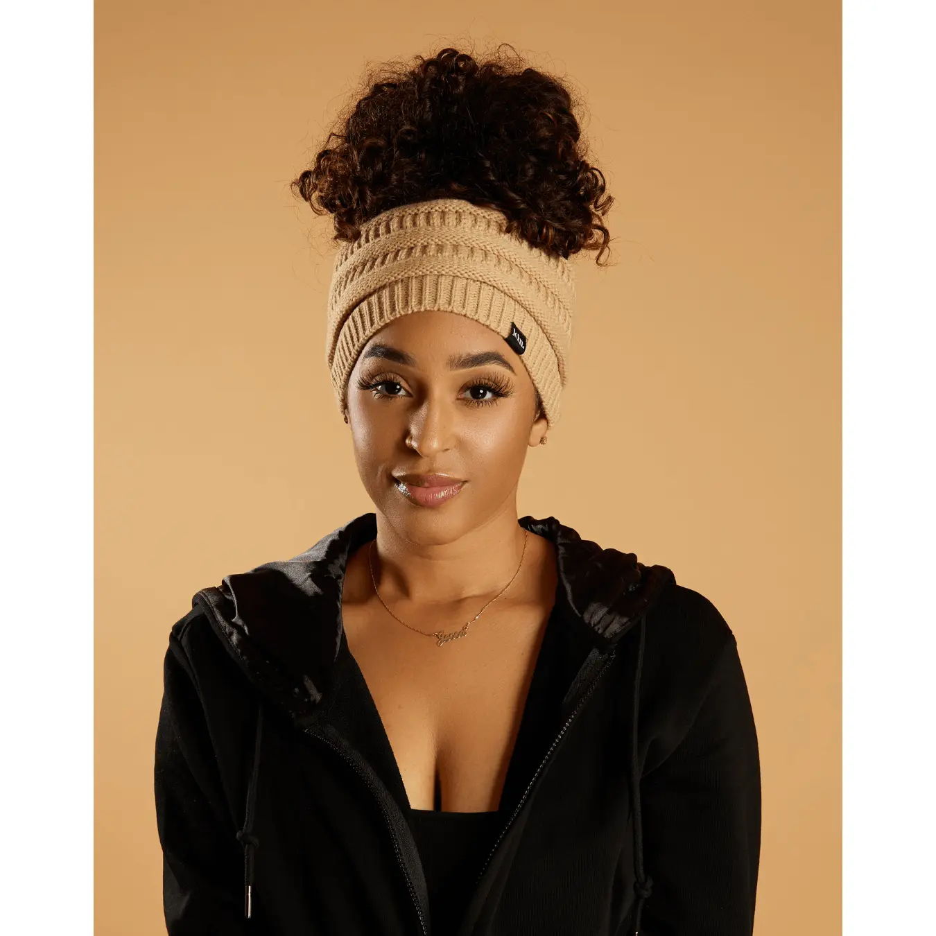 Sand Satin Lined Puff Beanie
