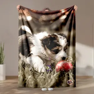 1 piece Black and white Border Collie puppy playing with a red ball in an instant. themed flannel blanket - All-season comfortable flannel blanket, modern style, suitable for sofas and beds, digitally printed pattern, super soft and warm, 100%