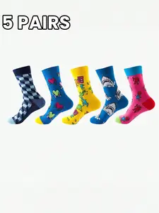 5 Pairs Street Graffiti Mid-Calf Socks, Trendy Colorblock Design, Heart Geometric Shark Elements, Breathable Comfort, Youth Fashion