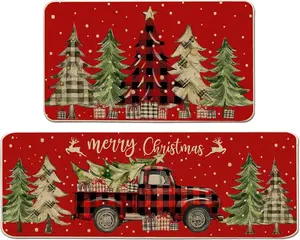 Christmas Kitchen Mats for Floor - Farmhouse Truck Buffalo Plaid Christmas Kitchen Decor - Red Christmas Kitchen Rugs Set of 2, Christmas Decorations for Home, Indoor 17"x27+17"x47"
