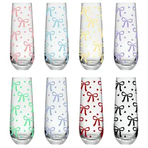 Set of 4/8 Bow&Heart Pattern Stemless Champagne Flutes, Cocktail Glasses, Drinking Glassware, 8oz/240ML Prosecco, Mimosa Glasses, Great for Weddings and Parties
