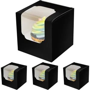 Black Cupcake Boxes Individual Cupcake Container 100pcs 3.5" x 3.5" x 3.5" Auto-Single Cupcake Boxes(100 Boxes+100 Inserts)