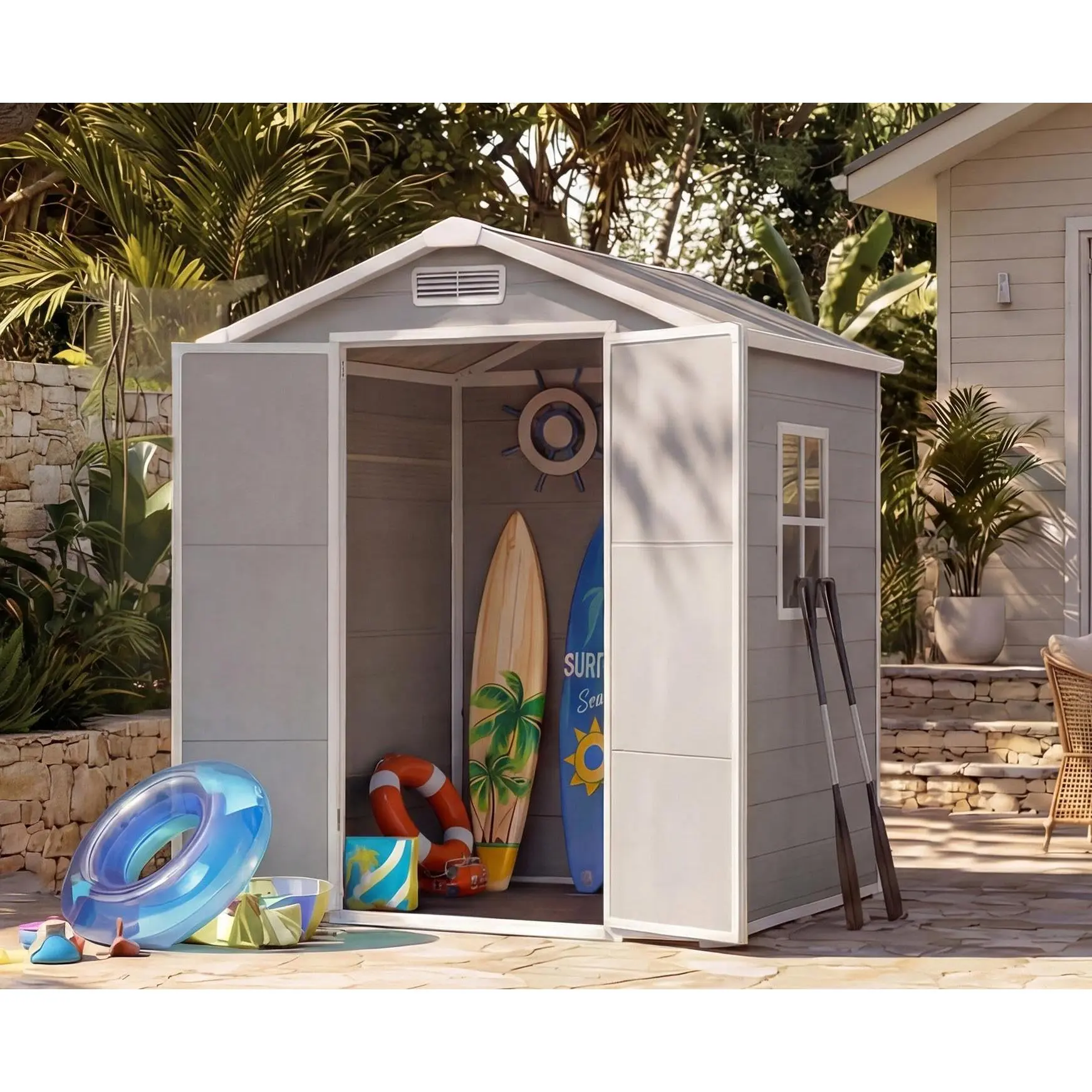 6x4 ft Outdoor Storage Shed with Floor, Plastic Resin Garden Shed with Window & Lockable Door, Tool Shed for Patio, Backyard, Lawn Mower, Bike Storage Grey, Impact-Proof, Reinforced Floor