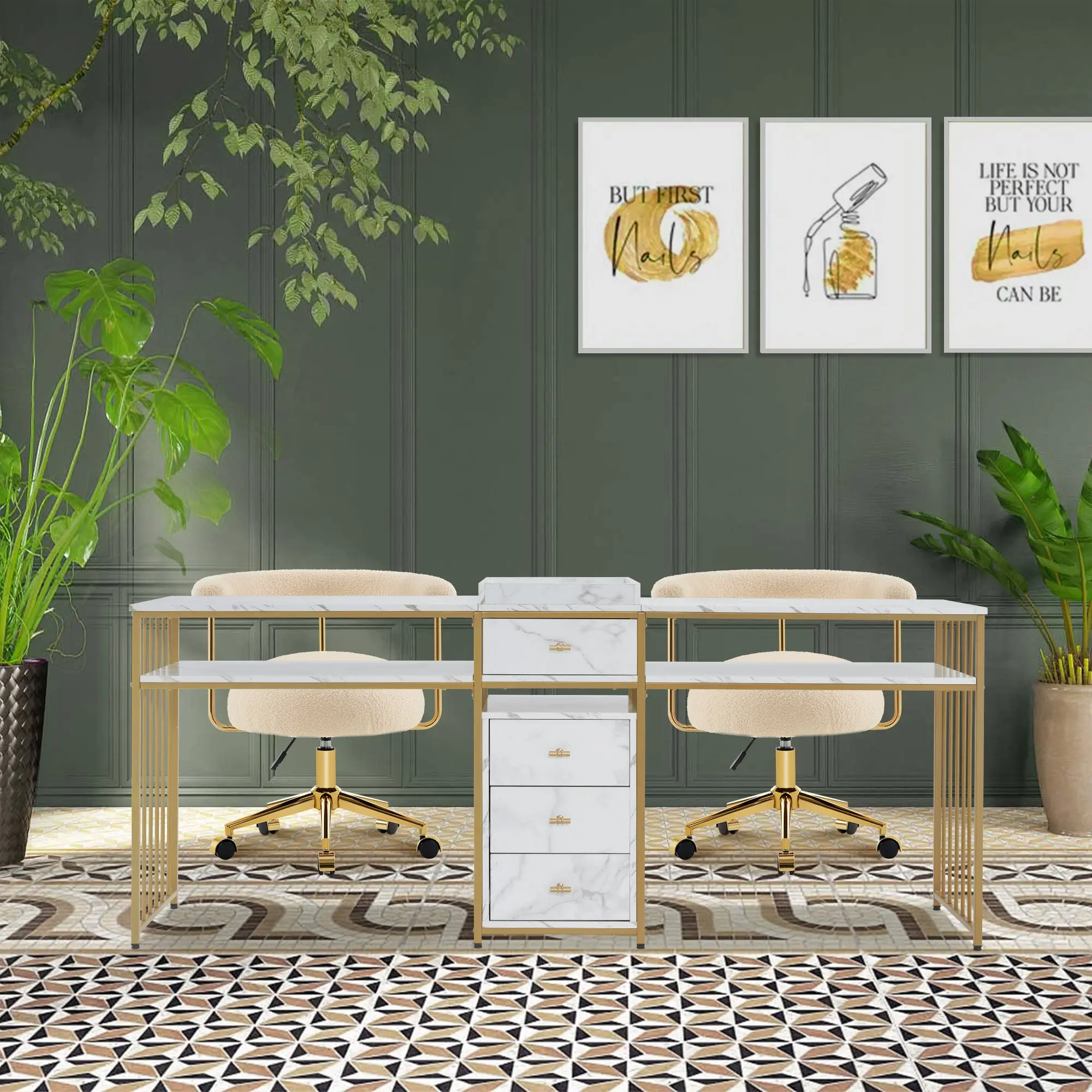 BarberPub Double Acetone-Resistant Salon Furniture Manicure Table with Marble Top, Drawers, Dual Seating & Beauty Storage (Model 2456)