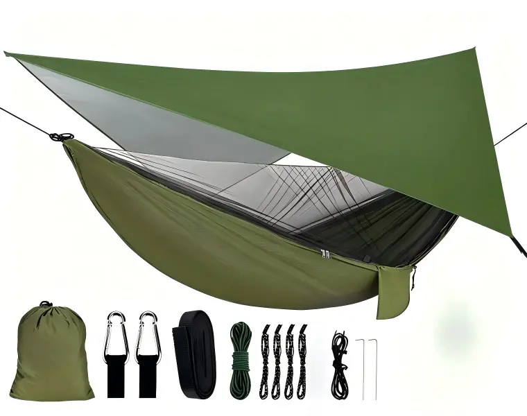 Portable Double Nylon Camping Hammock Set with Mosquito Net & Waterproof Rain Fly Tarp, Heavy Duty Adjustable Tree Straps Included, Oversized Parachute Hammock Tent Max 660lbs Load for Backpacking Hiking Backyard Patio Travel Outdoor