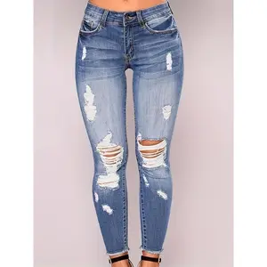 Women’s Vintage Blue Stretch Skinny Jeans – Slim Fit, Distressed Details, Comfortable Blend, Suitable for Casual and Sports, Machine Washable, Spring/Summer Clothing | Ripped Detail Jeans | Smooth Texture Jeans