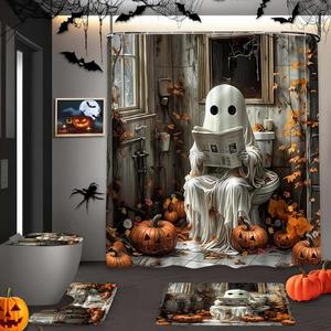 halloween ghost shower curtain set, funny toilet design, waterproof pumpkin print bathroom decor, gothic style gift for friends family