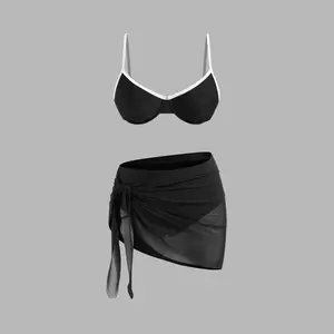 Cider Sweetheart Contrasting Binding Underwire Full Coverage Bikini Set With Sarong Curve & Plus