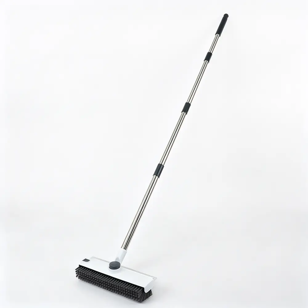 Long Handle Floor Scrub Brush with Squeegee, Adjustable Pole Cleaning Brush for Bathroom Tile Garage Deck Hard Surface Cleaning