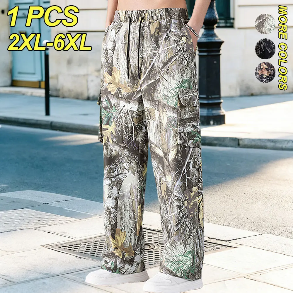 2XL–6XL Plus Size Men’s Jungle Leaf Camouflage Multi-Pocket Wide-Leg Cargo Pants, Drapey Straight-Leg Pants with Drawstring Elastic Waist, Adjustable Elastic at Waist, Suitable for Home Lounging and Daily Commuting