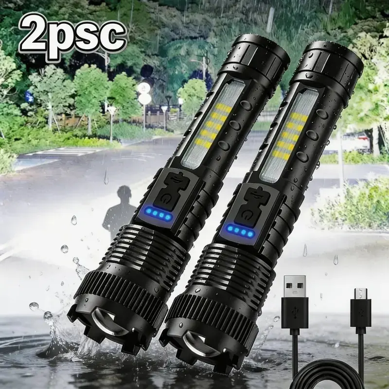 2PCS Rechargeable High-Power Standard LED Torches - Ultra Bright Zoom Flashlights with 6 Lighting Modes, COB Side Lights, Red-Blue Flashing, for Emergency Power Outages, Outdoor Camping, High-Power Standard Torches