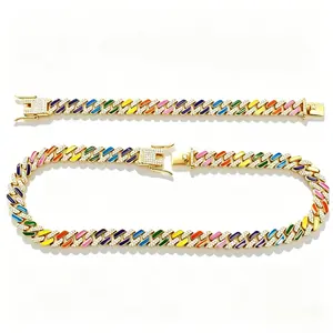 Rainbow Diamond Cuban Link Necklace and Bracelet Set for Men Hip Hop Bling Rhombus Cut Alloy Hip Hop Jewelry Set