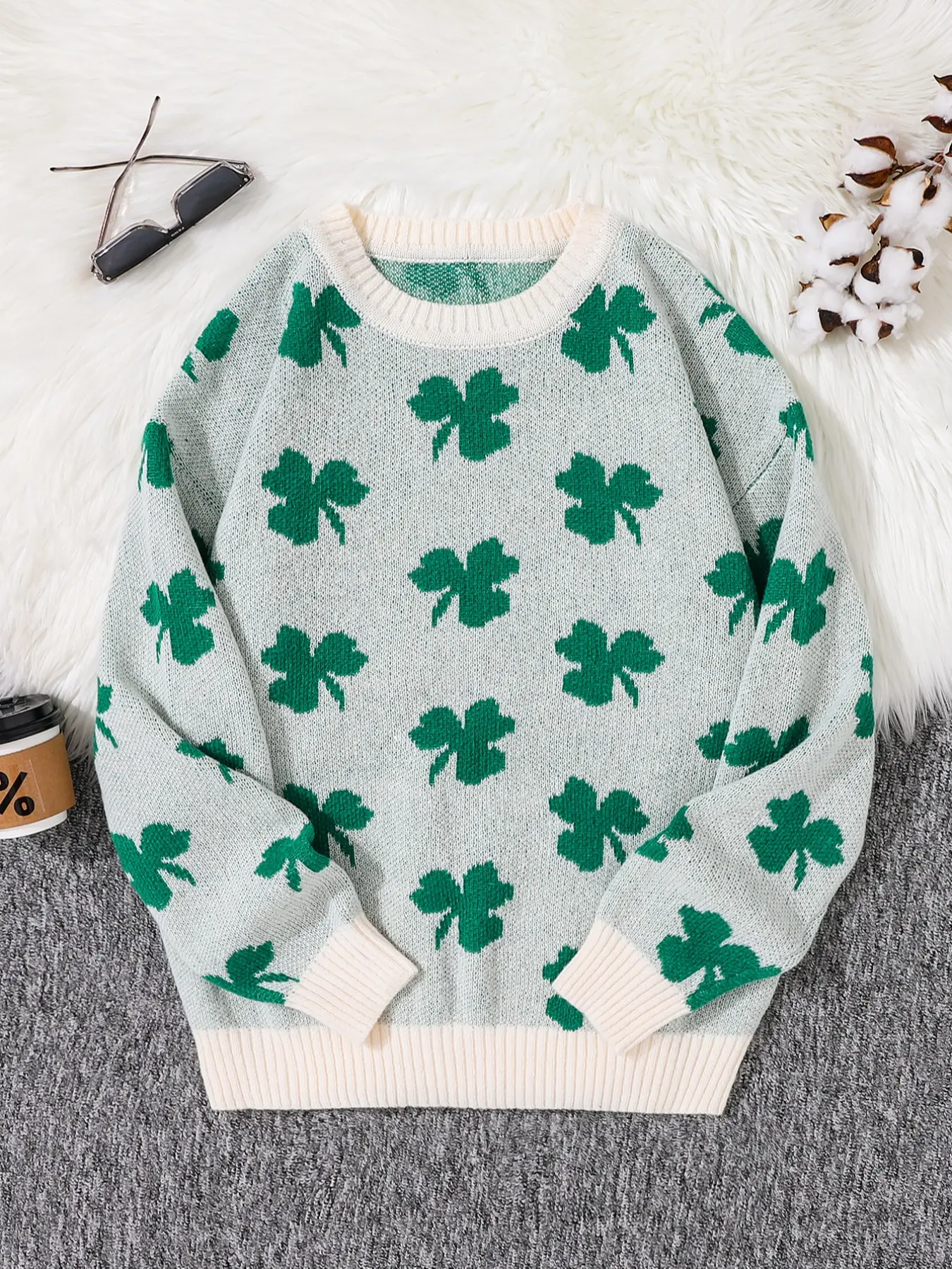 Men's Clover Print Drop Shoulder Sweater, Fashion Casual Regular Fit Long Sleeve Jumper for Spring & Fall, Men's Knitwear for Daily Wear