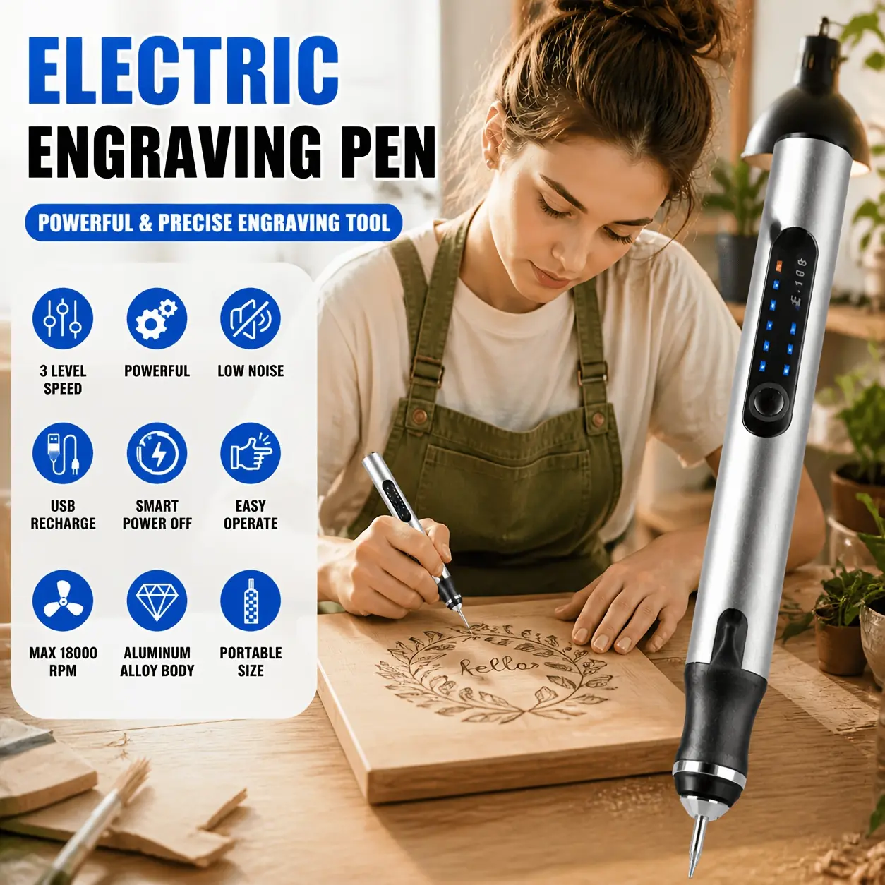 47/36pcs Industrial Electric Rotary Tool, Rechargeable Engraving Machine, Cordless DIY Portable Engraving Pen with 3 Speed Settings, Includes USB-C Cable And 30 Drill Bits, Compatible with Stencils Or Nail Art Drill Bits, Perfect for Holiday Gifts