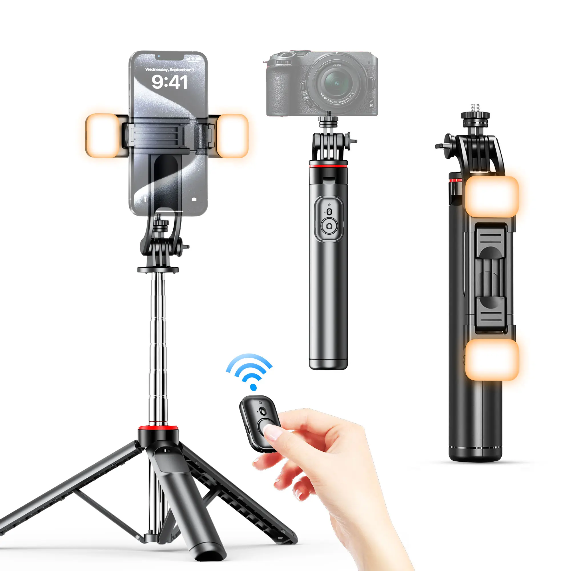 52" Stainless Steel Portable Telescopic Selfie Stick Tripod with Lightweight Bluetooth Remote Control, Fill Light, Easy-Carry Smartphone Mount for iPhone/Android, Camera Control & Aluminum Stand Accessories, Camera Control Selfie Accessories