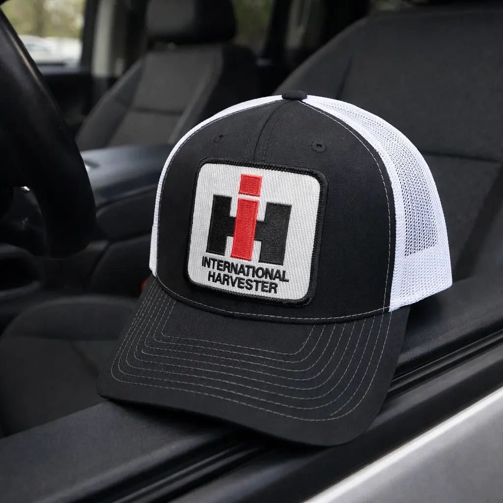 International Harvester Trucker Hat, Black White Mesh Snapback Cap, Farm Tractor Hat, IH Embroidered Patch Hat