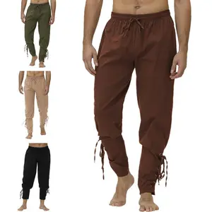 Medieval Renaissance European Cosplay Pants | Steampunk-Inspired Lace-Up Long Trousers for Theatre & Costume Play Menswear Man Pocket Beige Plain Brown Casual Tropical