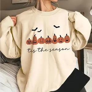 Pumpkin print pullover sweatshirt for women, autumn casual long-sleeved round neck top, comfortable and loose versatile women's clothing
