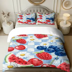 3PCS Duvet Cover Set, 1 Duvet+2 Pillowcases(Without filler), Fruit Floral Pattern Checkered Spring theme, Easter bedding set, Vibrant Fruit Nature Decorative Suitable for decoration Bedroom Living Room Guest Room Cottage